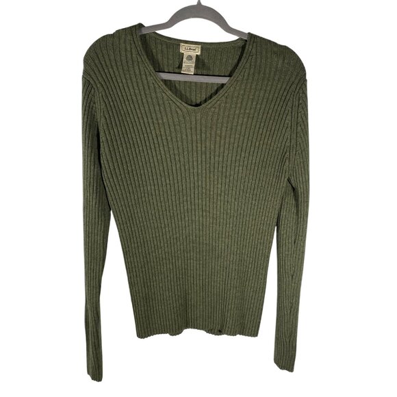 L.L. Bean Womens Ribbed V-Neck Sweater L-Reg 100% pure new wool  Wool dark Olive - Picture 1 of 7